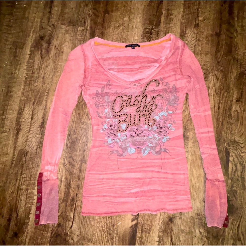 Crash and Burn Pink Burnout Thermal Graphic Long Sleeve Top Y2K Rhinestone Large